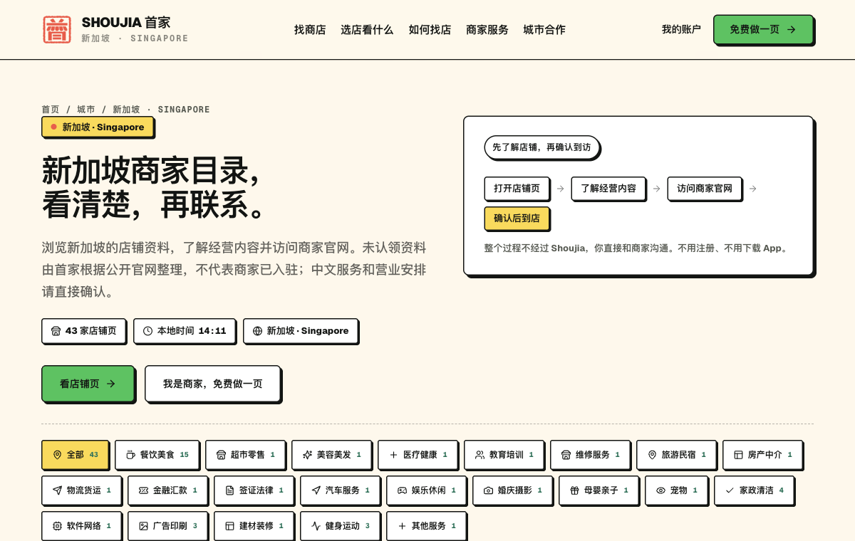 The Chinese Shoujia directory showing local businesses in Singapore