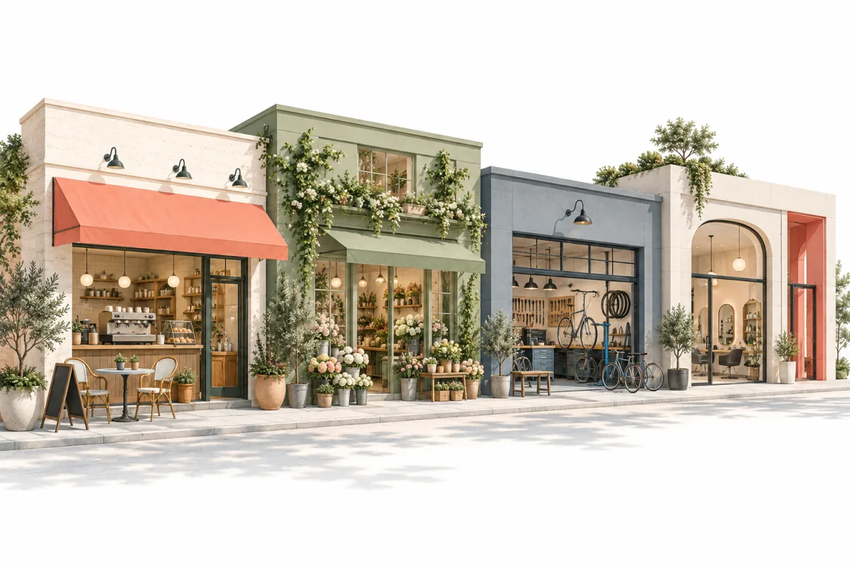Illustration of a café, florist, bicycle workshop and salon along a neighborhood street
