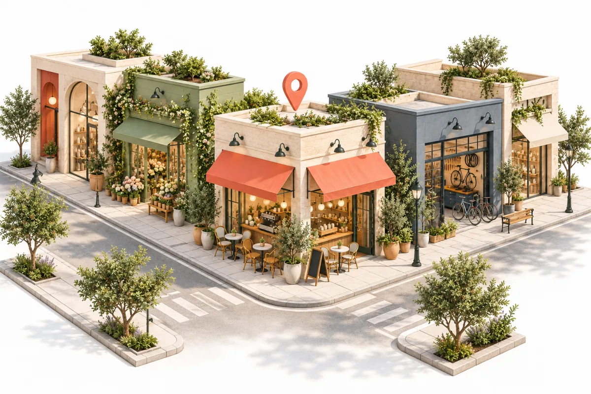 Illustration of a neighborhood map with a selected local business